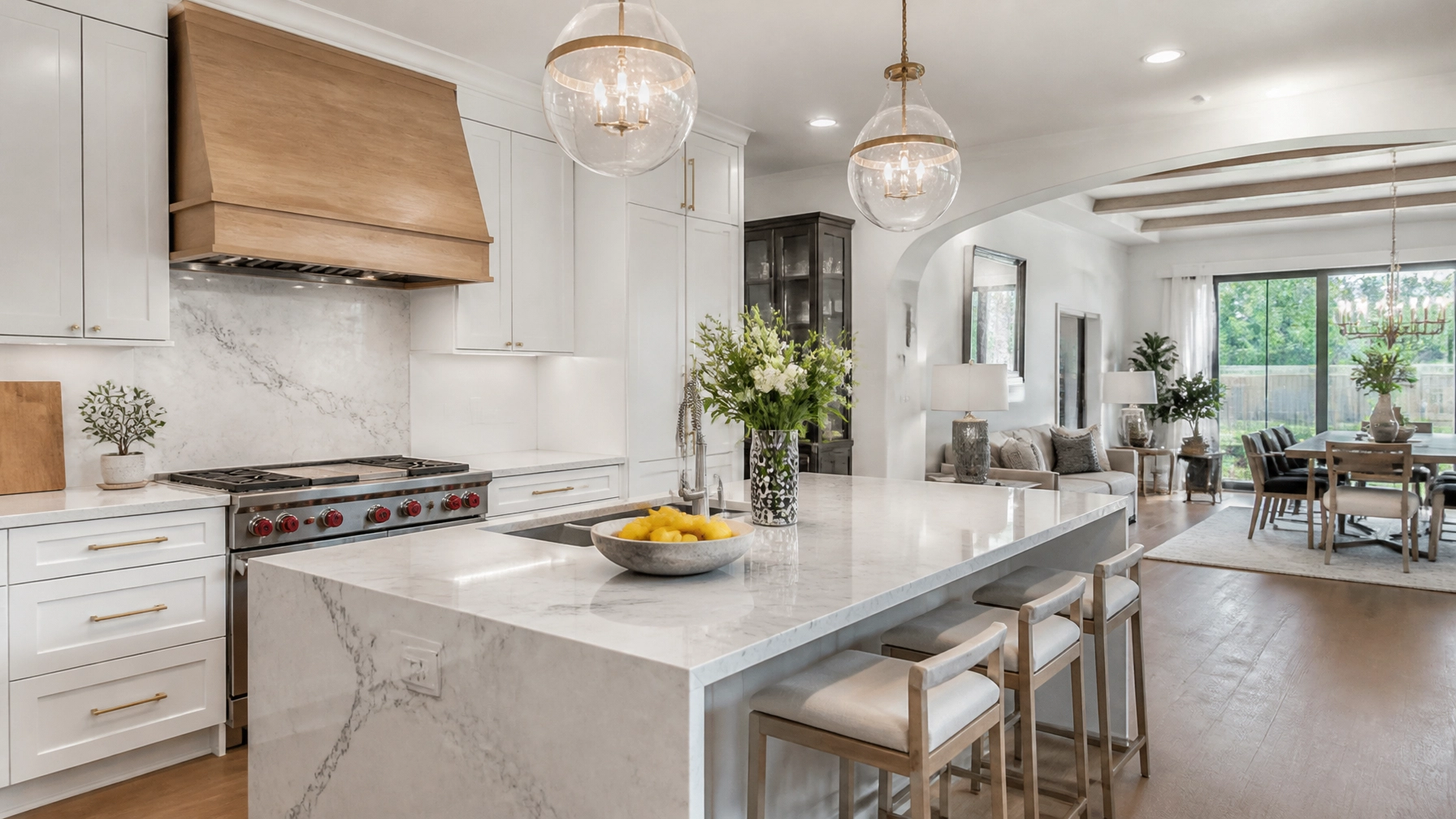 A modern, bright kitchen with professional staging details