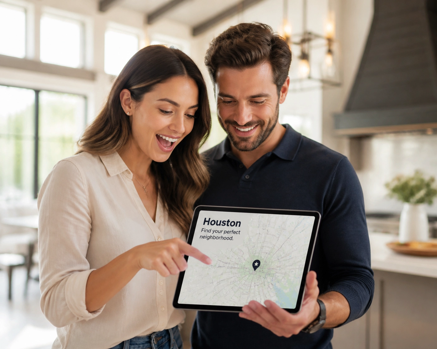Couple using a map to choose the best Houston neighborhood for their commute.