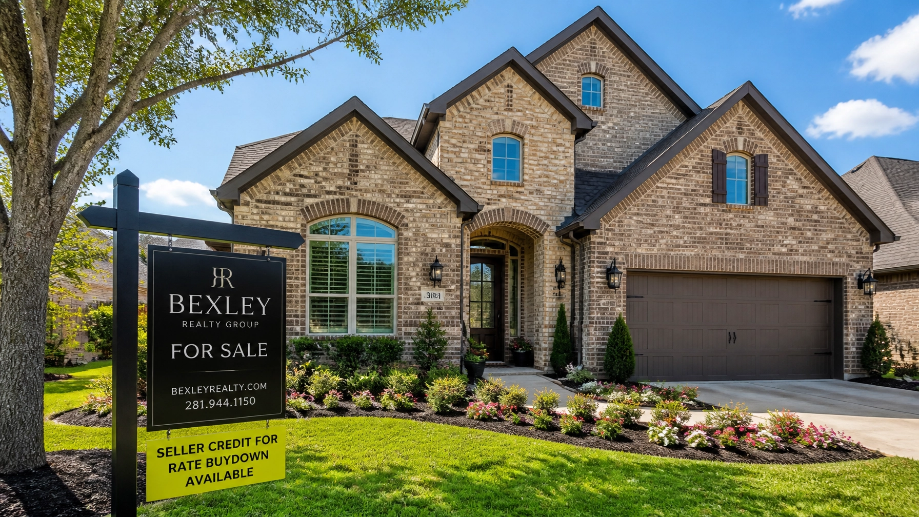 A modern Houston suburban home with a sign indicating seller credits for rate buydowns are available.