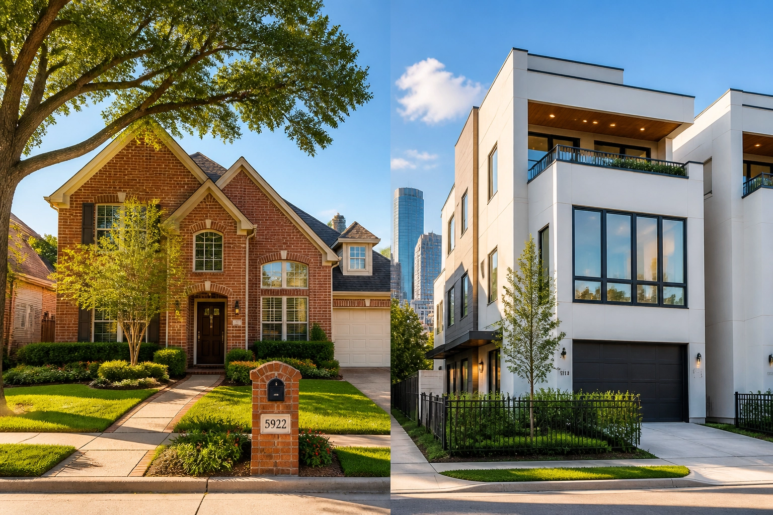 Diverse Houston real estate featuring a classic brick suburban home and a modern white townhome.