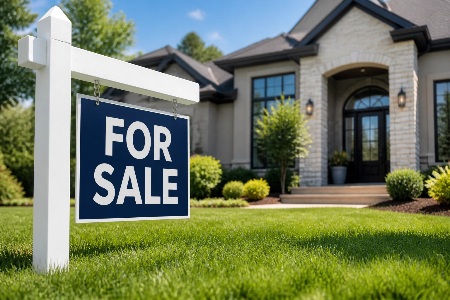 A for sale sign in front of a modern Houston home, representing buyer leverage in Katy and Cypress.