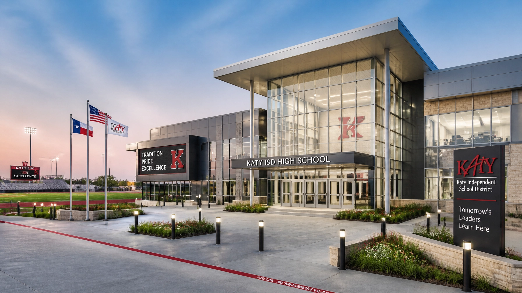 A state-of-the-art modern high school campus in Katy ISD.