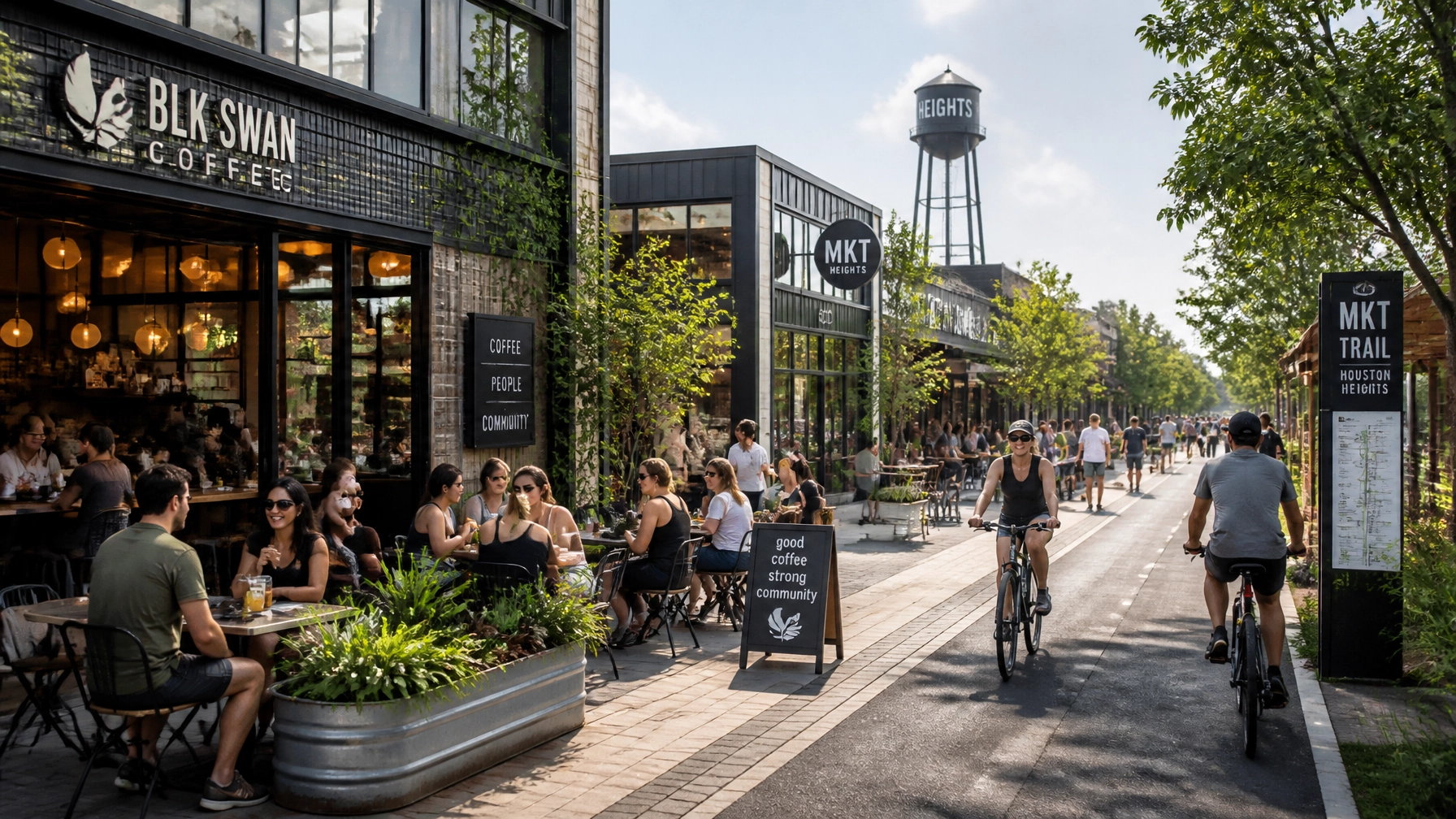 People enjoying the walkable MKT Trail area in Houston Heights