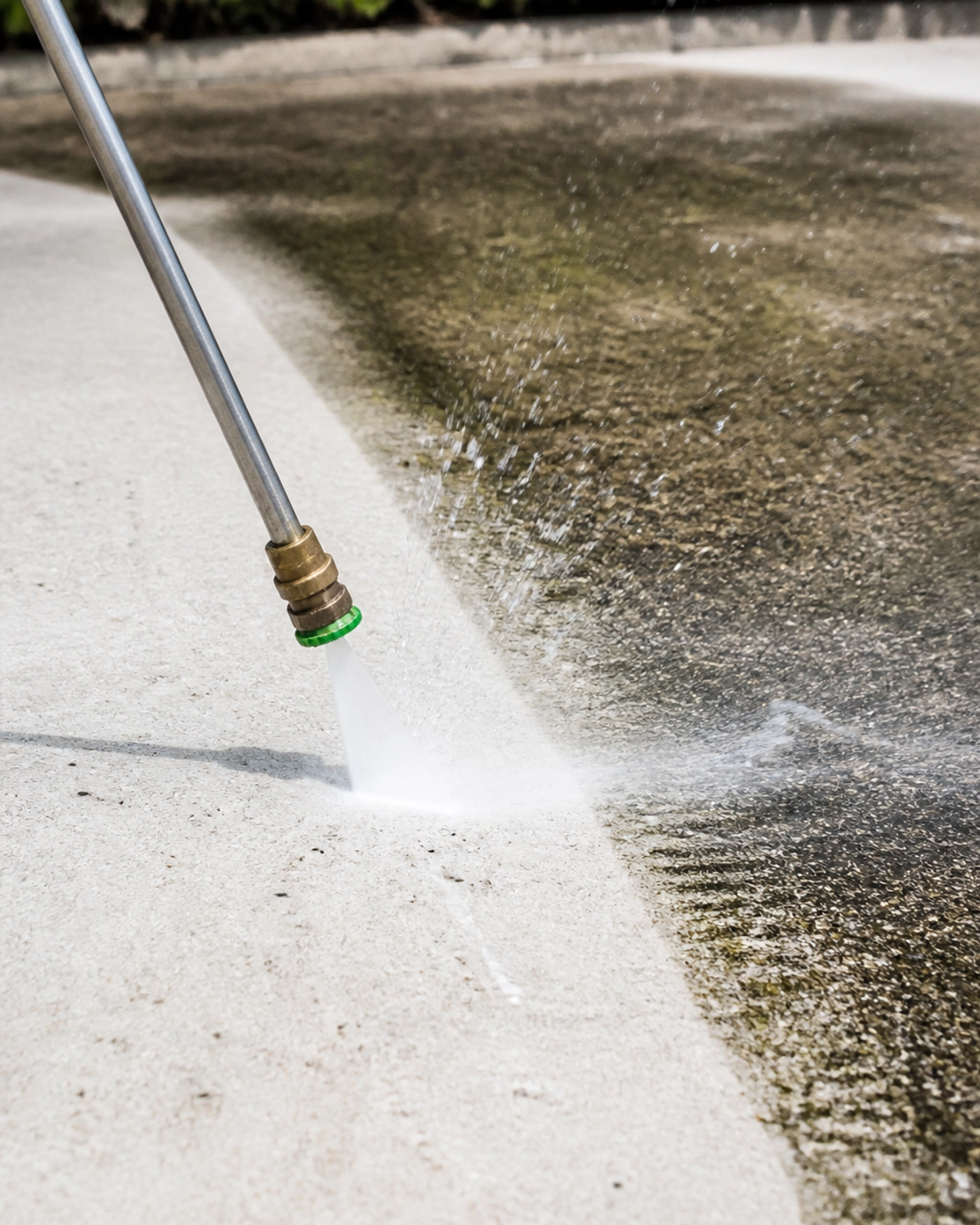 A professional power washer cleaning a dirty concrete driveway to reveal bright, clean concrete
