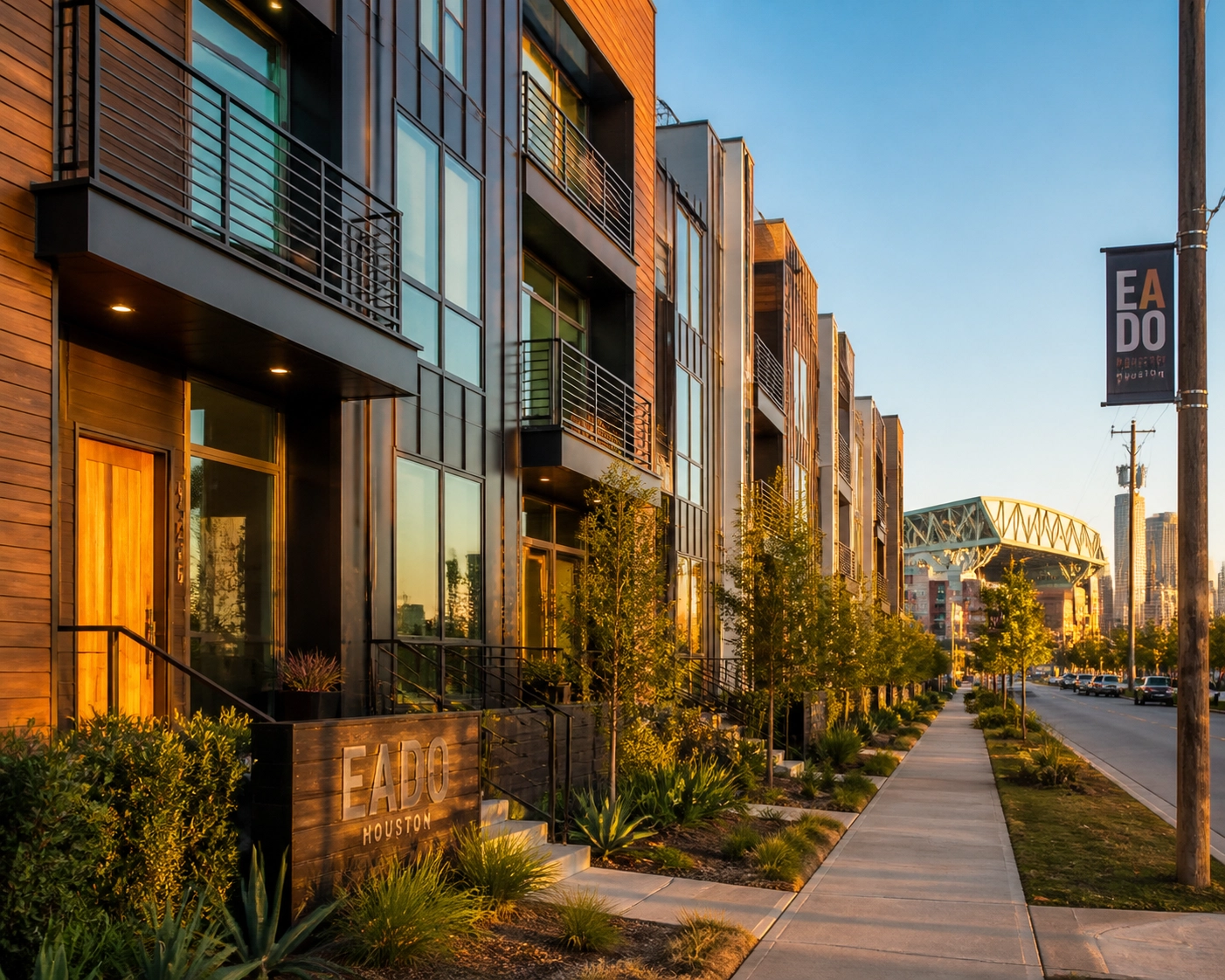 New modern townhomes in the EaDo neighborhood of East Downtown Houston at golden hour.