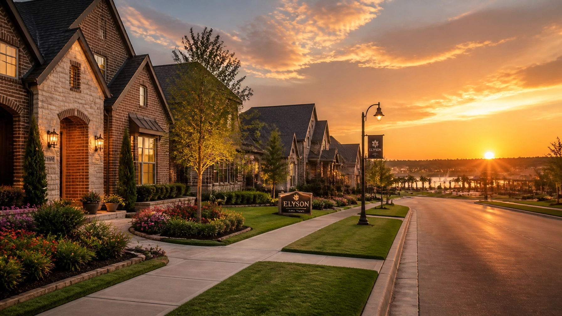 A beautiful sunset view of a master-planned community in Katy, Texas