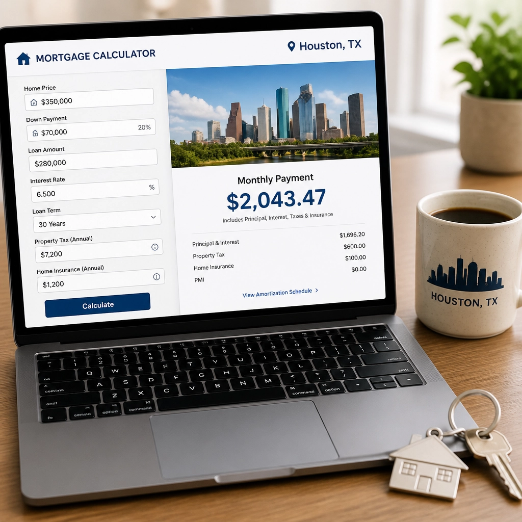 A modern laptop showing a precise mortgage calculator for Houston real estate