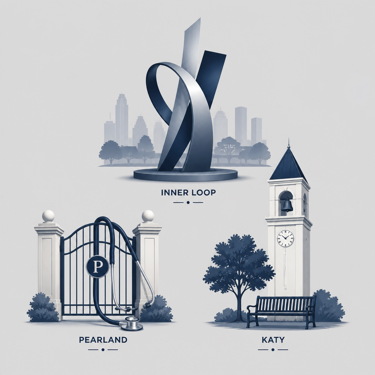 Icons representing Inner Loop, Pearland, and Katy for a Houston commute comparison.