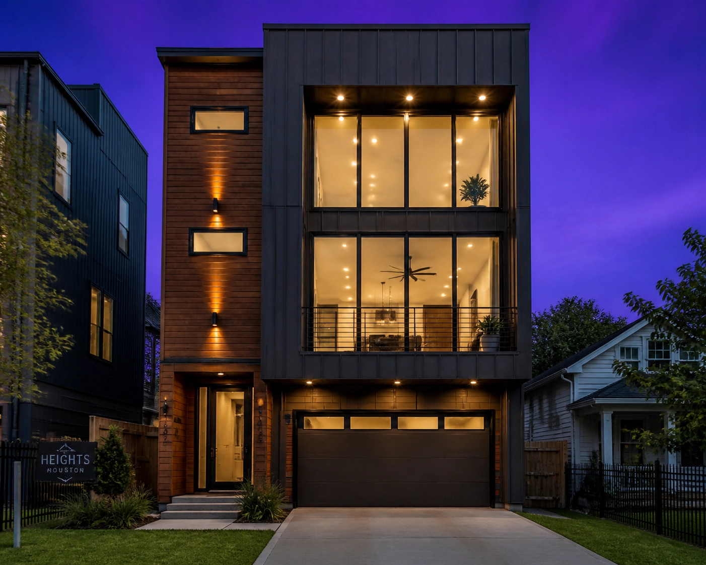 Modern three-story Houston townhome in the Heights showing contemporary urban architecture.