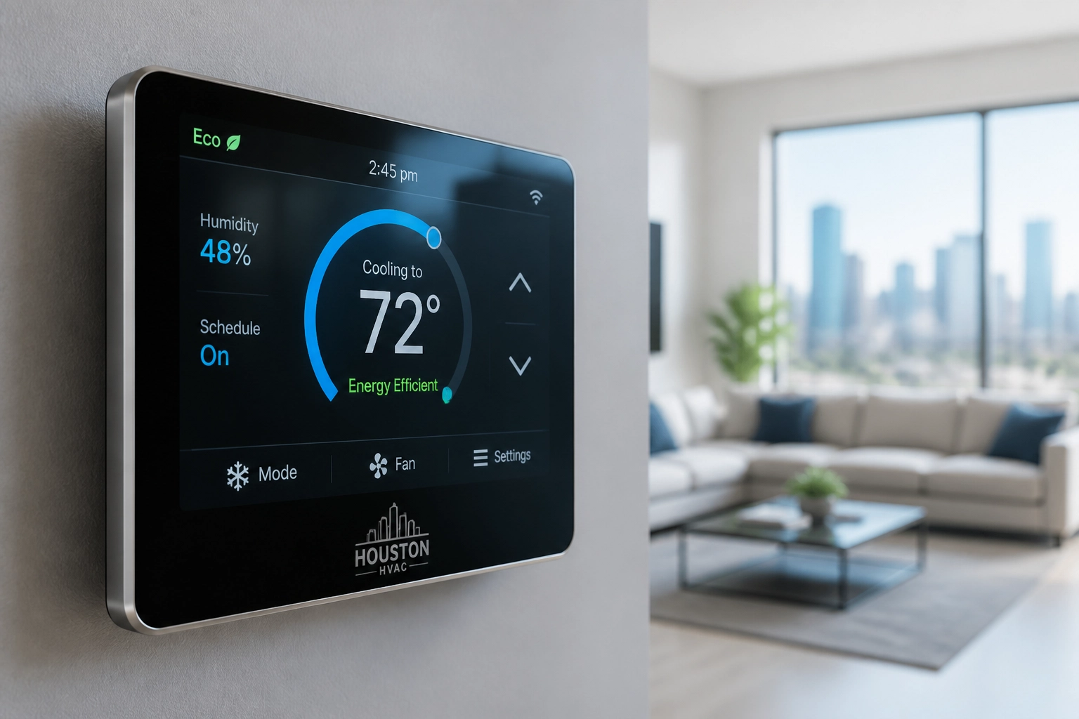 A modern smart thermostat in a Houston home representing energy efficiency and lower utility costs.