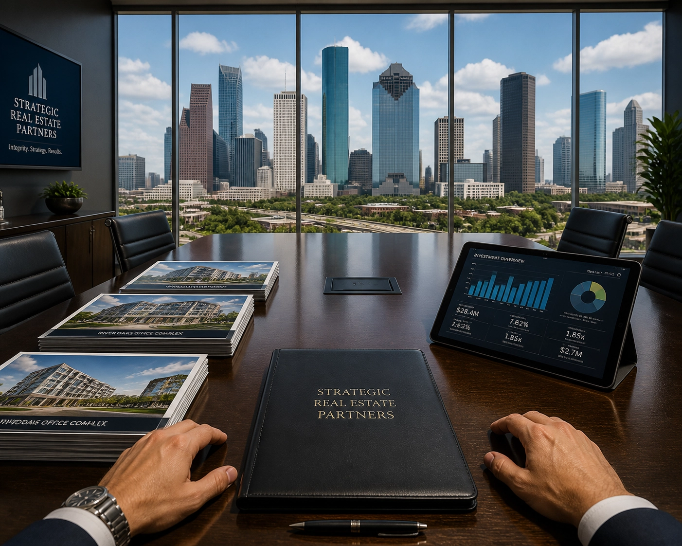 Professional conference room with Houston skyline view prepared for a property tax appraisal hearing.