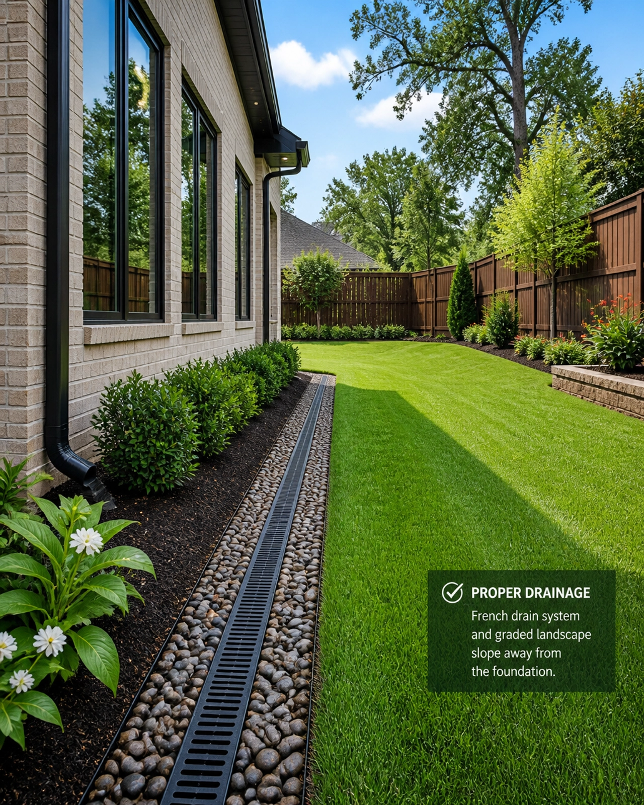 A professionally landscaped backyard with a focus on modern drainage solutions like French drains.