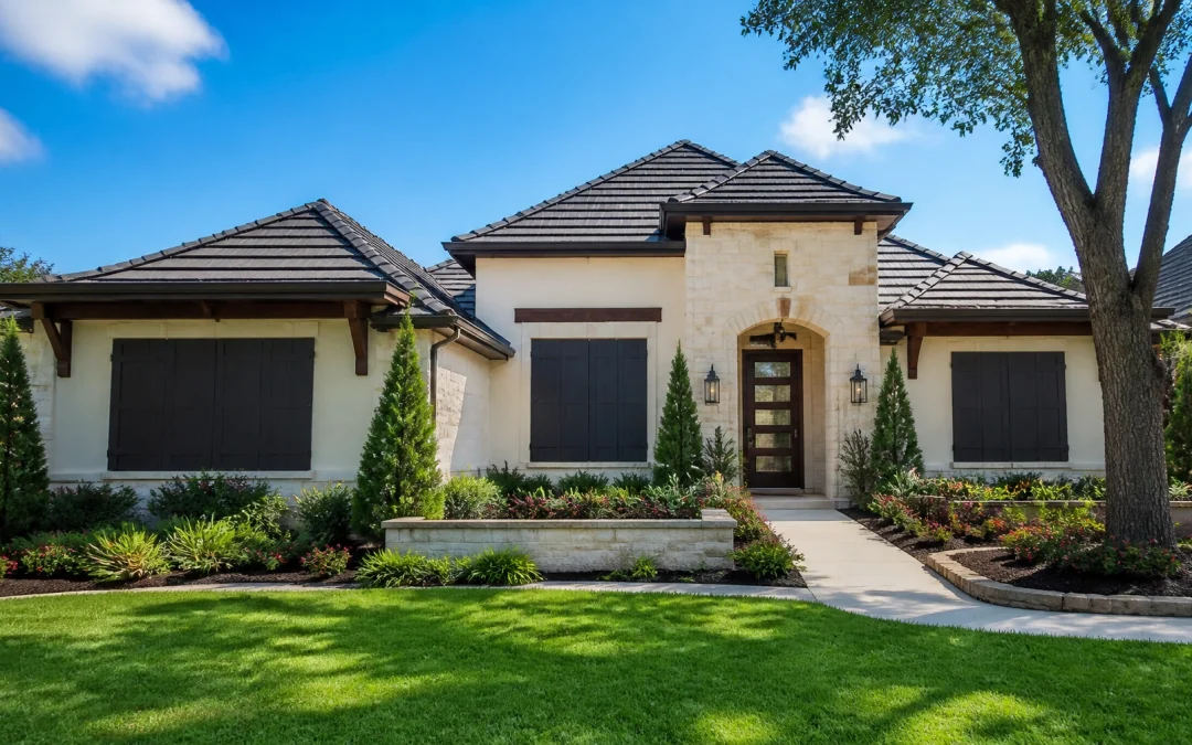A modern Houston home with professional hurricane shutters and well-maintained landscaping.