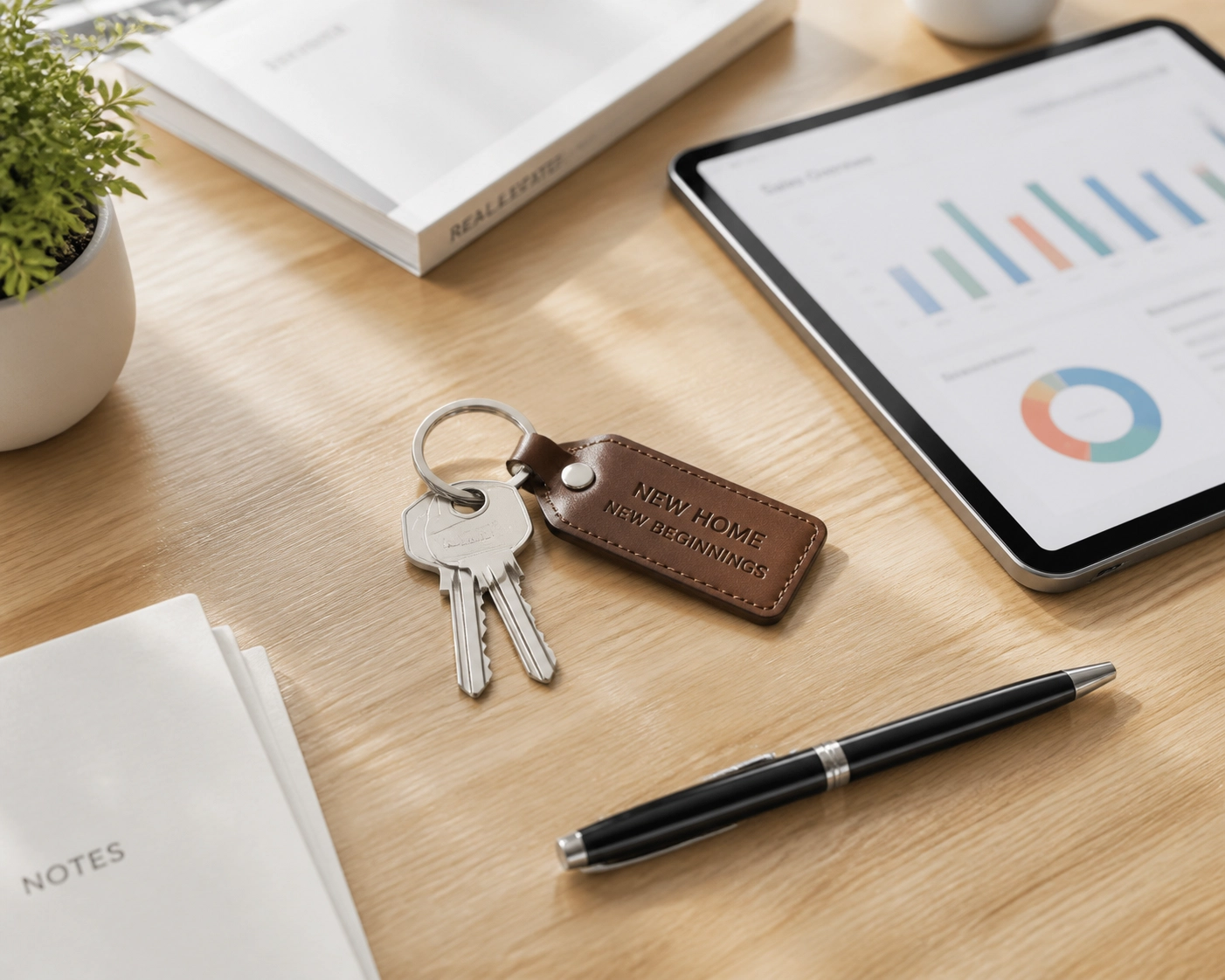 House keys and a tablet showing market data on a desk, representing the Houston home buying process.