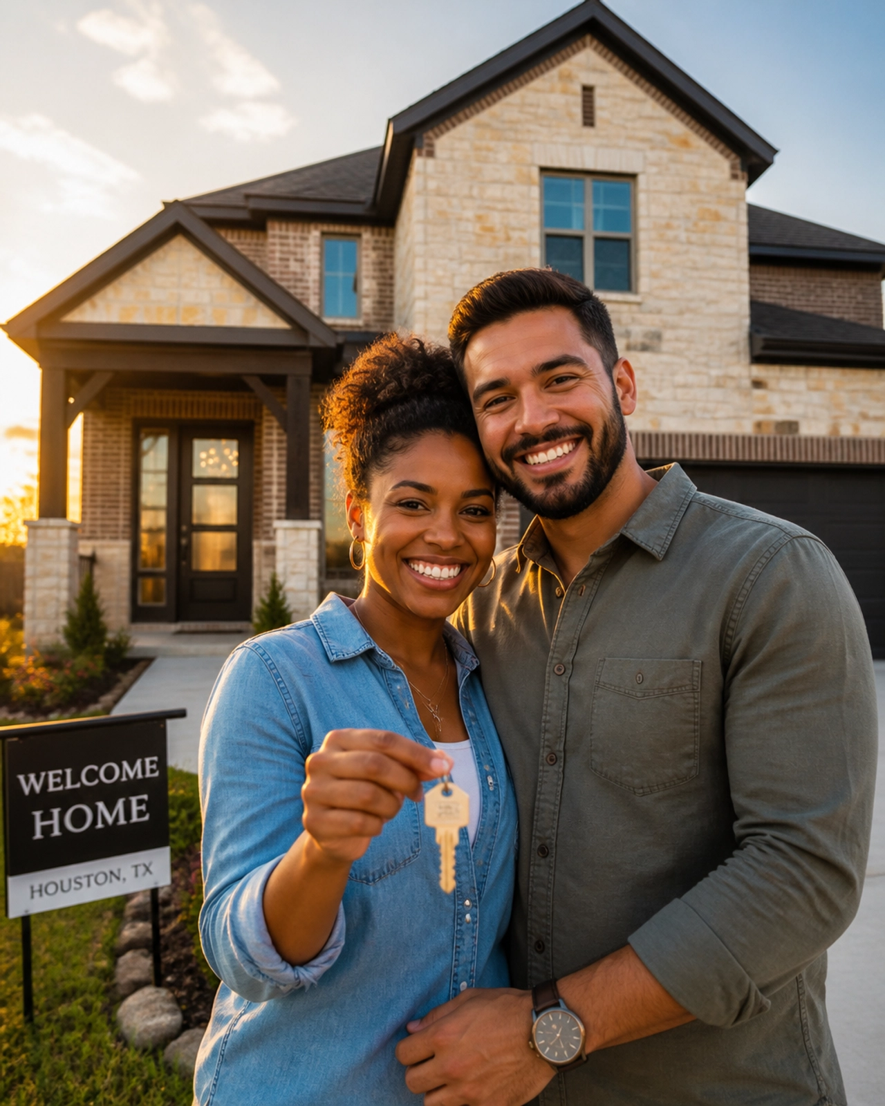 A happy Houston couple celebrating in front of their new home after securing a smart mortgage