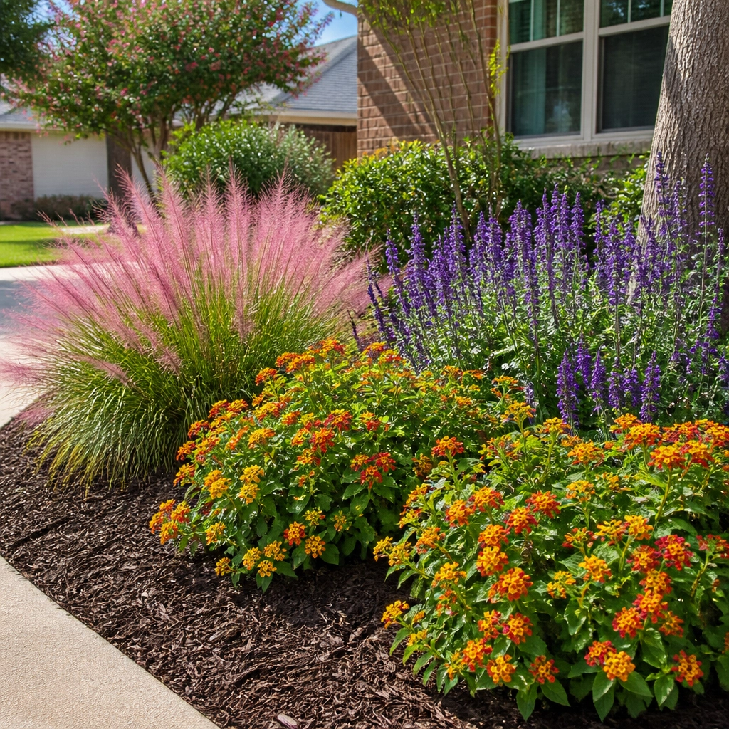 Vibrant native Texas landscaping featuring Lantana and Mealy Blue Sage in a mulched bed