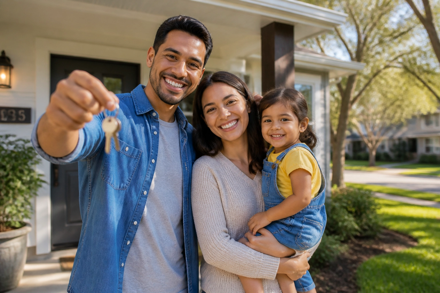 A happy family holding keys on the porch of an affordable modern Houston suburban home.