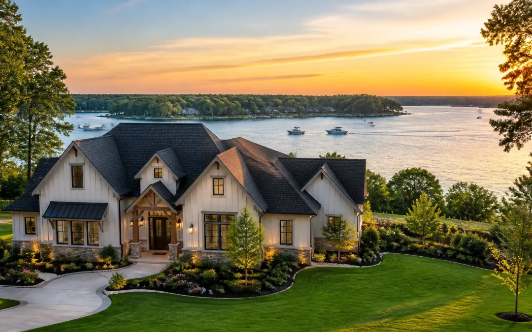 A stunning panoramic view of Lake Houston with modern suburban homes in Huffman, TX at golden hour.