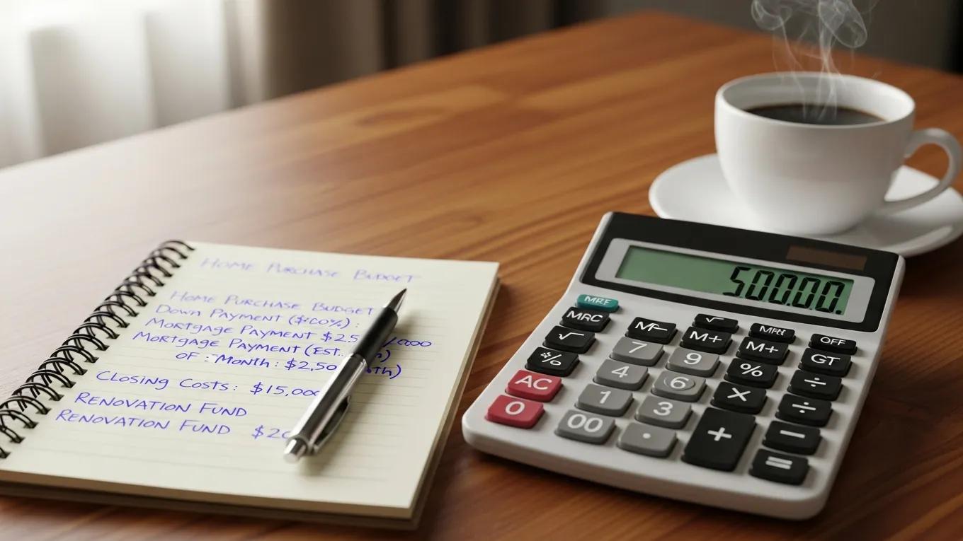Calculator and budgeting notes for home buying costs in Houston, emphasizing financial planning