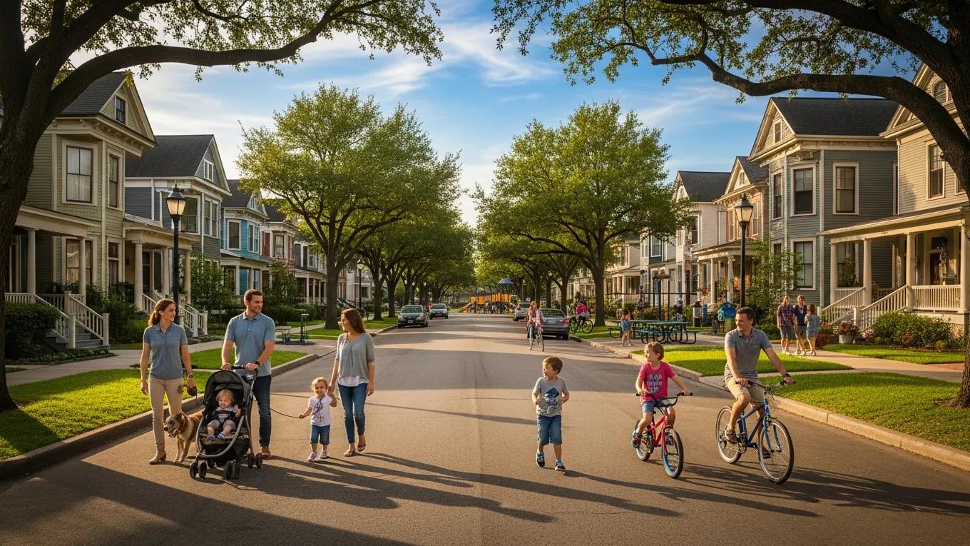 Charming view of The Heights neighborhood in Houston, emphasizing family-friendly homes and community