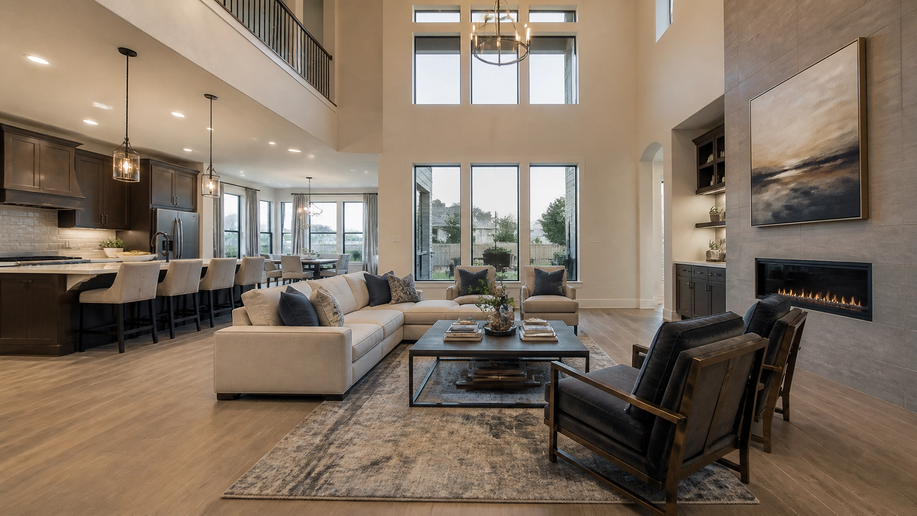 A modern, open-concept living room in a Houston suburban home