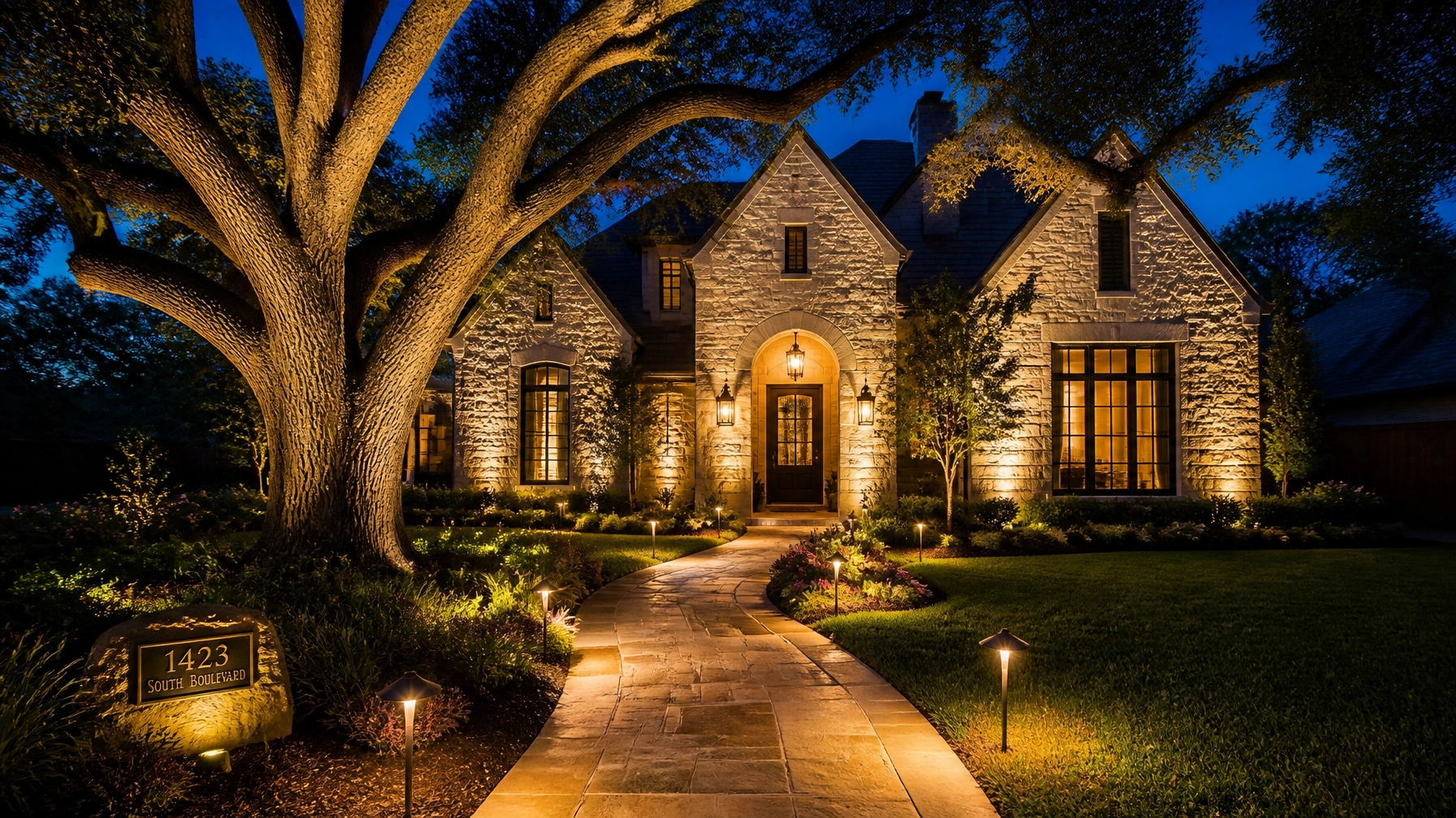 A Houston home at dusk featuring warm LED path lighting and tree spotlights