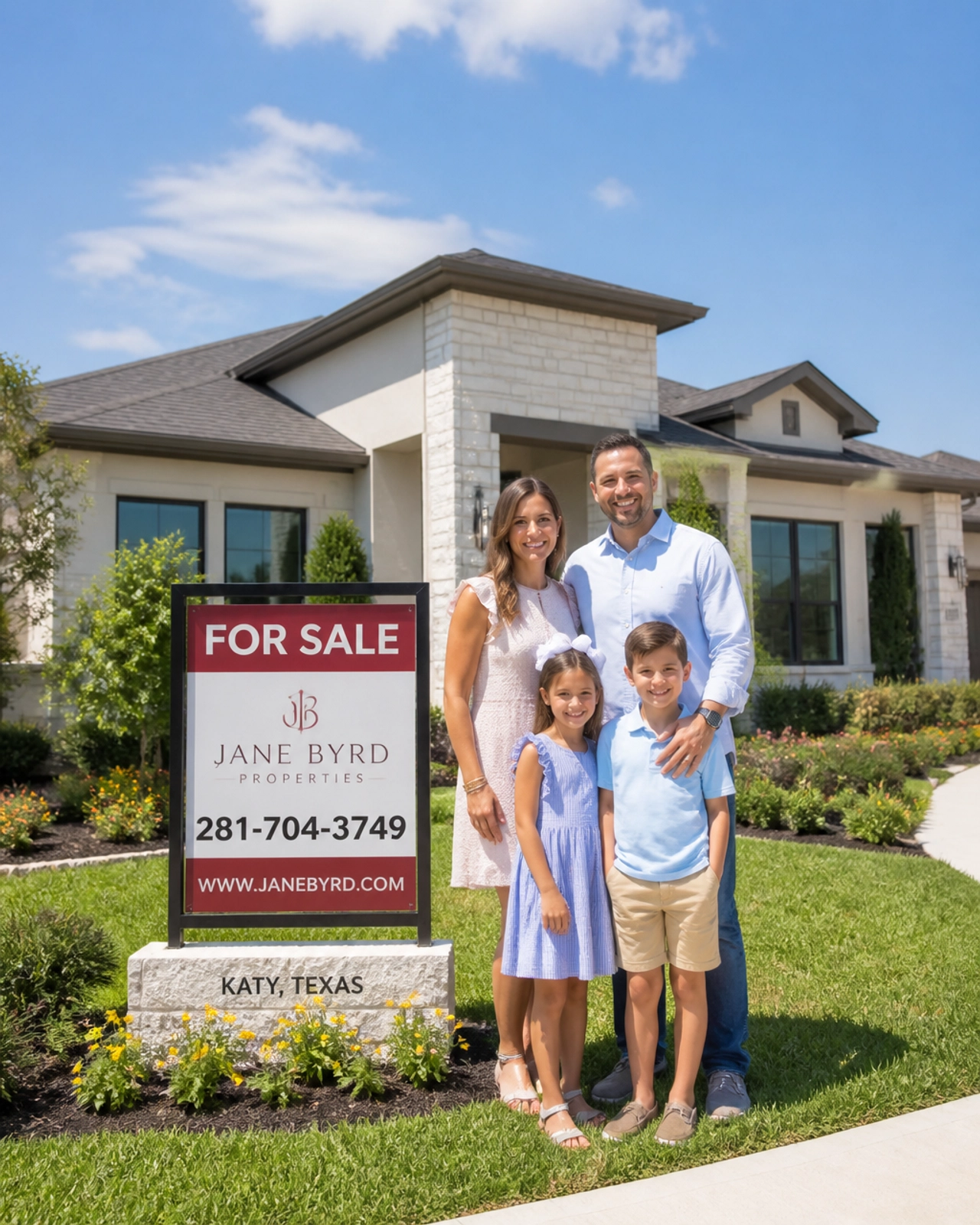 A happy family in Katy, Texas, celebrating in front of their new home during the inventory surge.