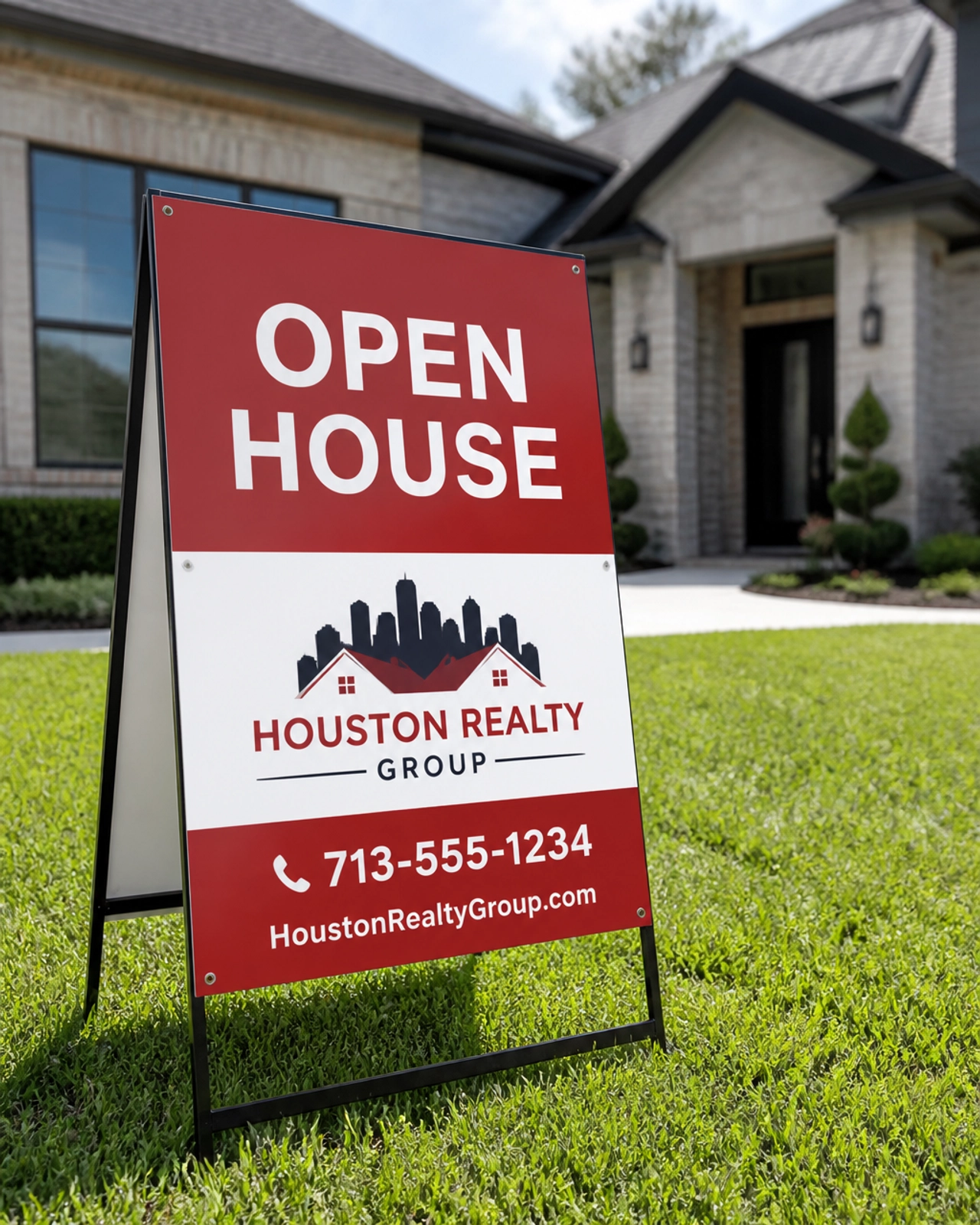 Open House sign on a manicured Houston lawn