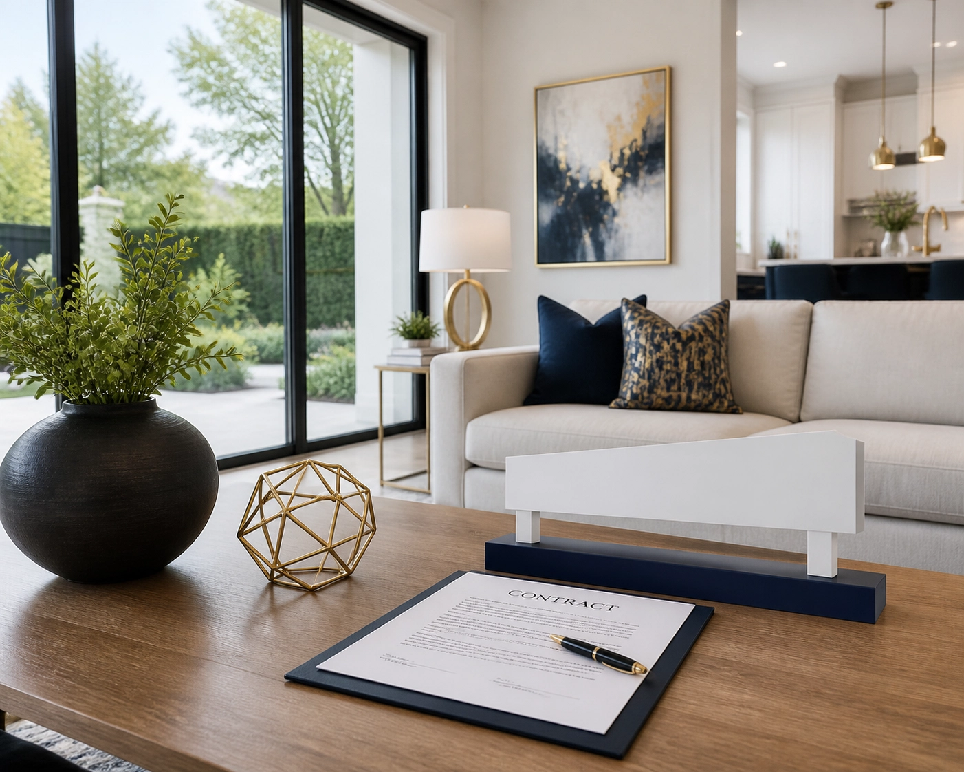 A real estate contract and 'Sold' sign on a table in a modern living room after a successful closing.