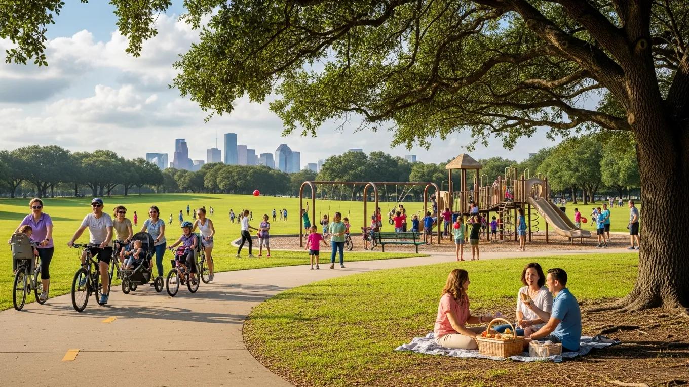 Families enjoying outdoor activities at Memorial Park in Houston, showcasing recreational opportunities