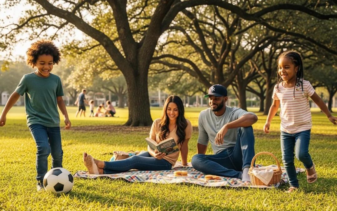 Family enjoying a sunny day in a Houston neighborhood park, highlighting family-friendly living
