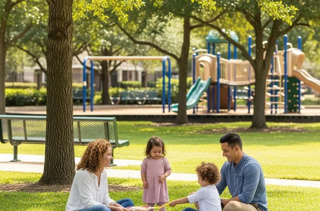 Family enjoying a sunny day in a park in The Woodlands, TX, highlighting suburban tranquility and community life