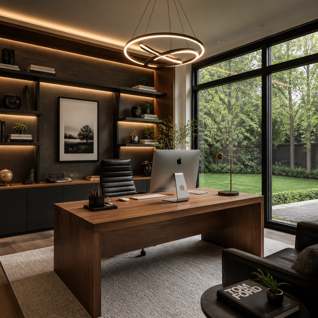 A modern, tech-integrated home office featuring clean lines and a view of the lush North Houston landscape.