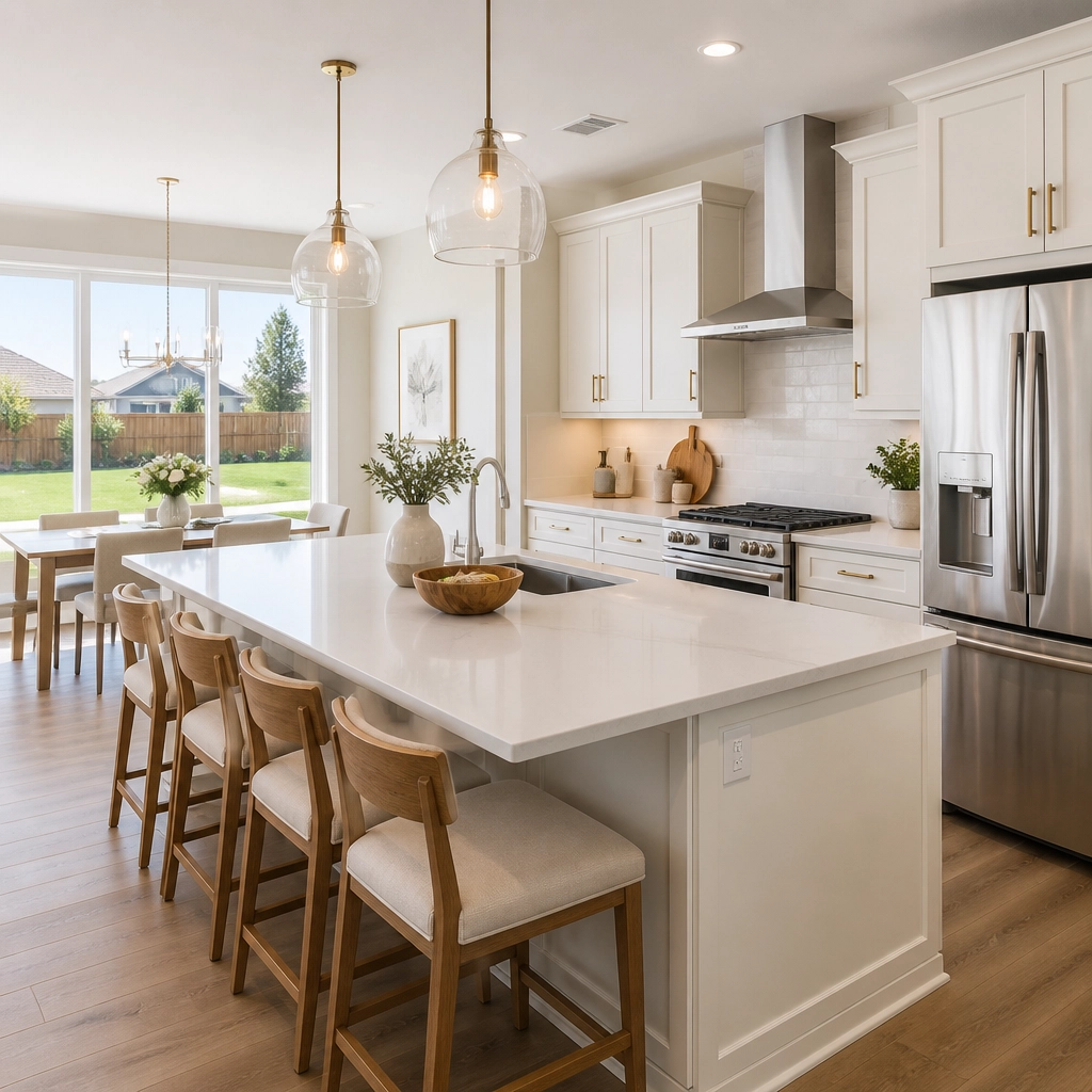 A modern high-end kitchen in a new Huffman home with quartz countertops and large windows.