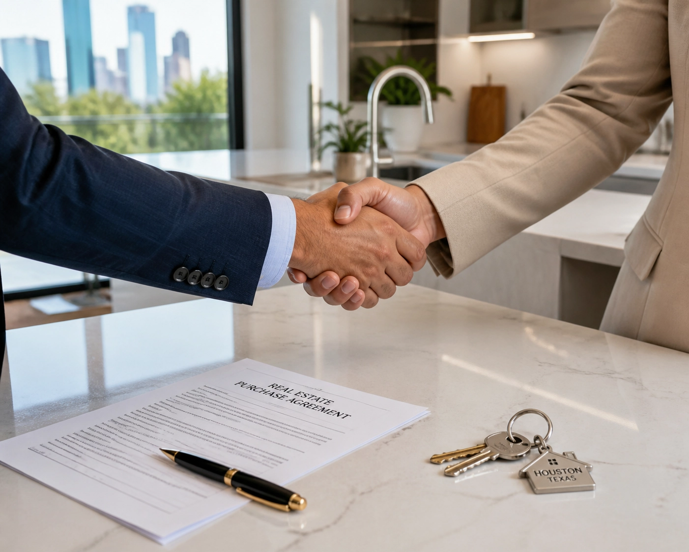 Professional handshake over a kitchen counter symbolizing a successful Houston home purchase negotiation.