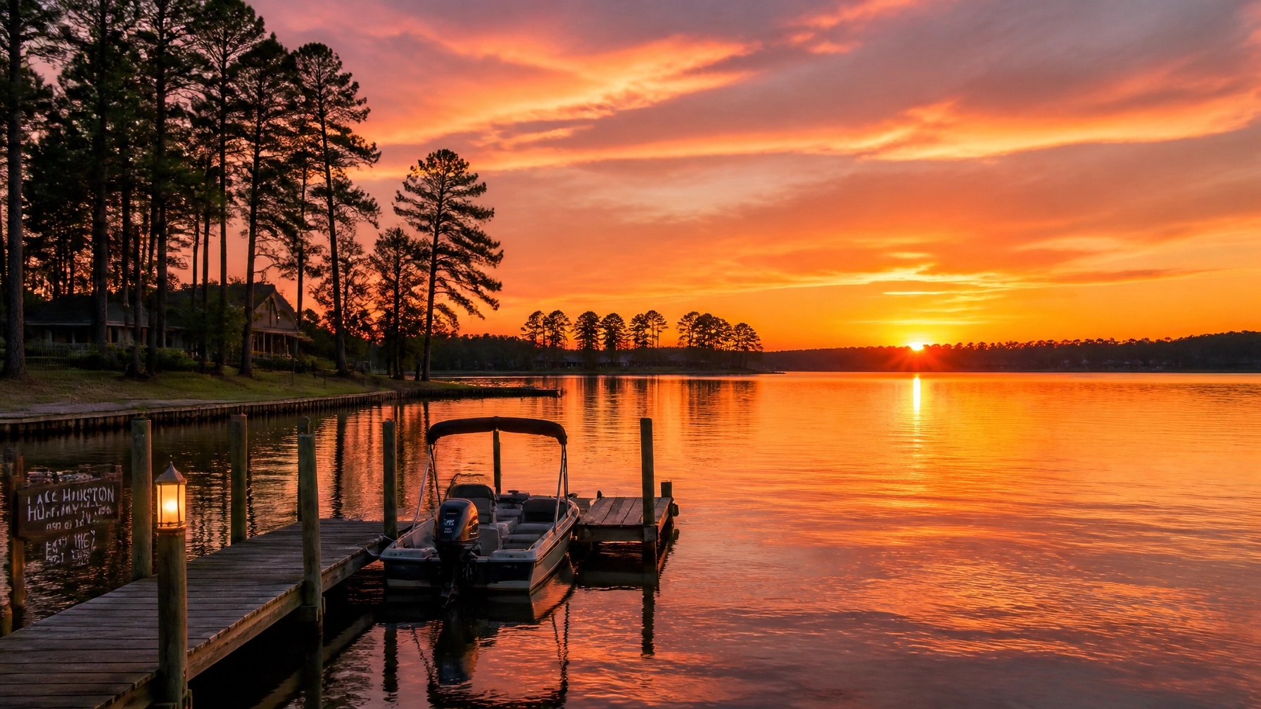 A serene sunset over Lake Houston with a boat tied to a dock, showcasing the local lifestyle.