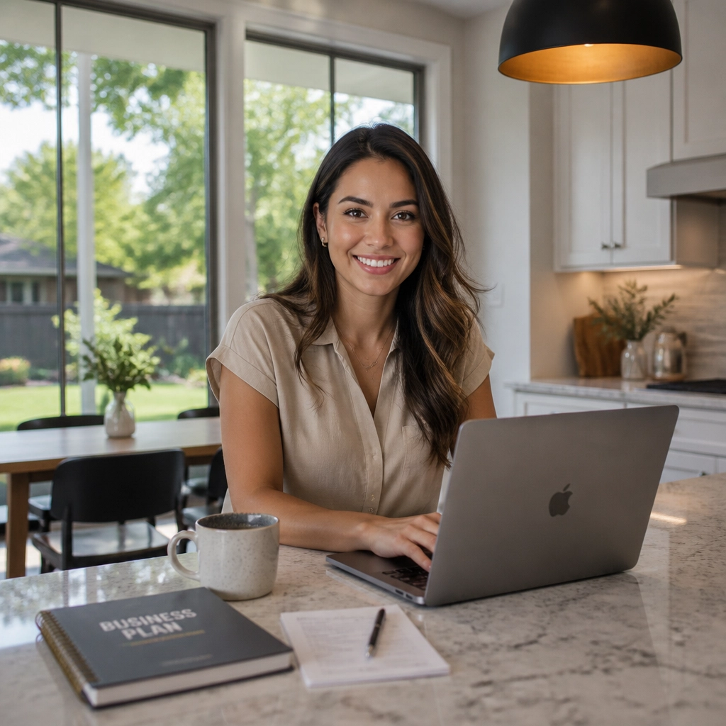 An entrepreneur working from her modern Houston kitchen island