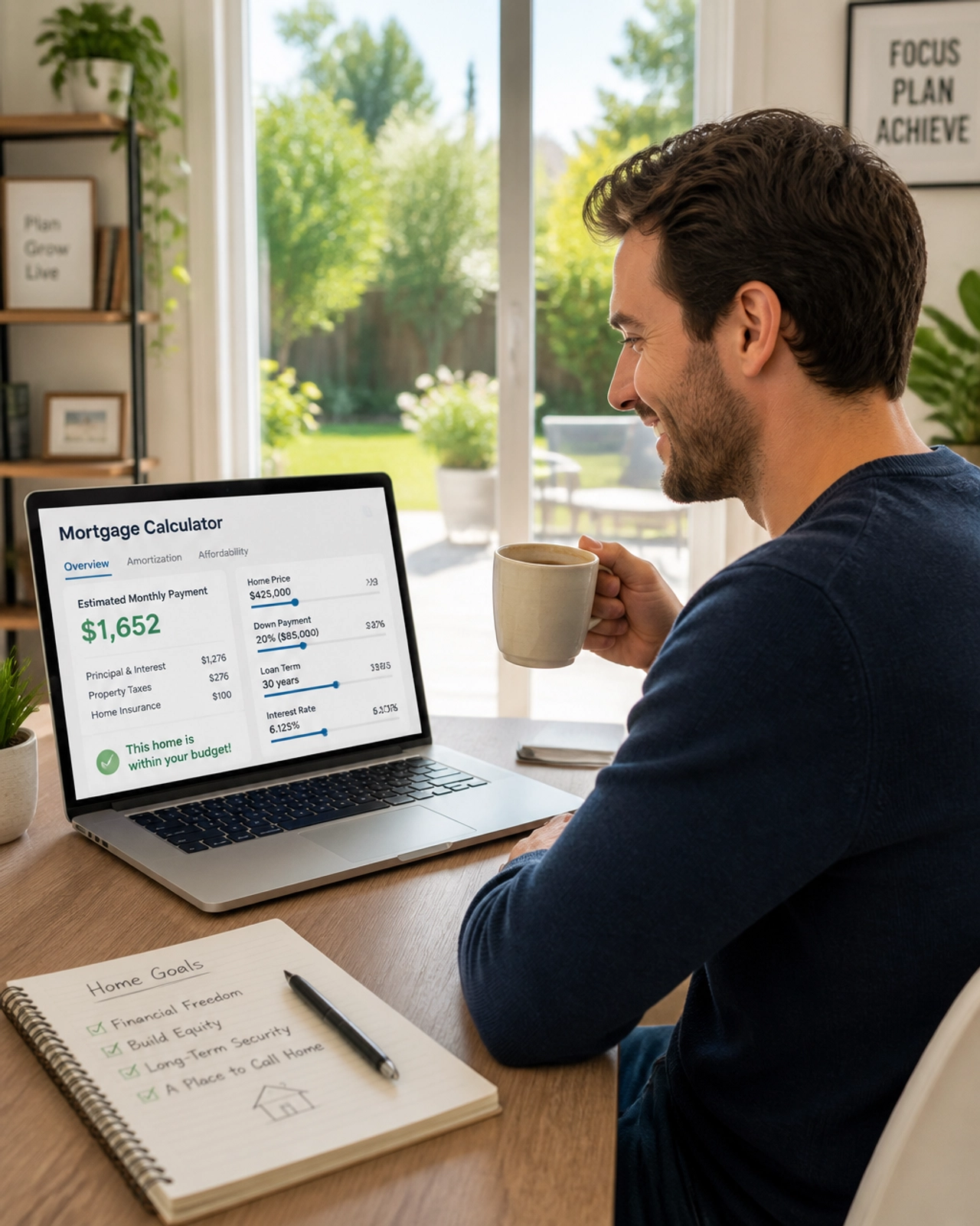 A happy homeowner in a bright office looking relieved after calculating their new mortgage savings.