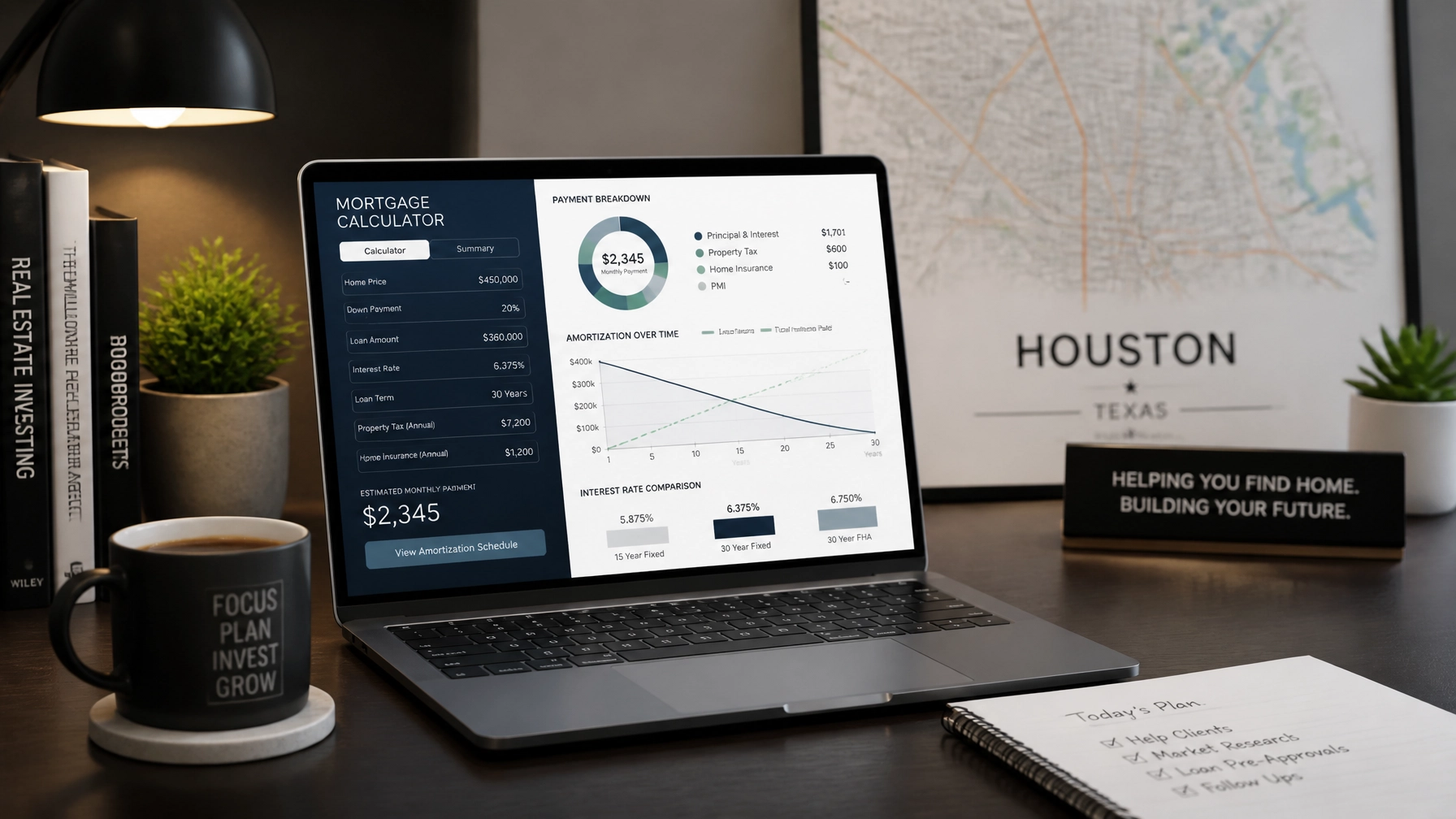 Financial planning and mortgage calculator on a laptop