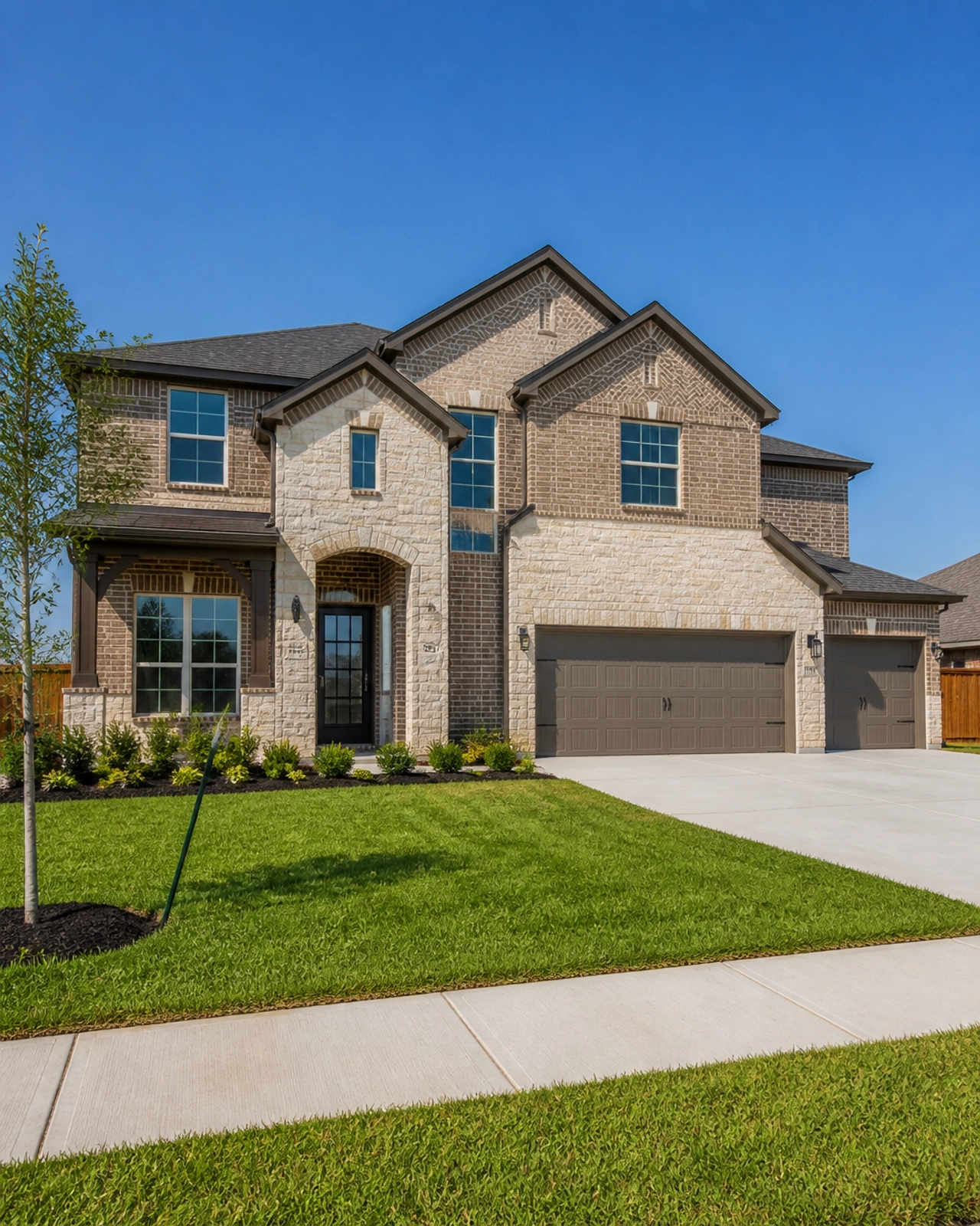 A modern, newly built two-story house in a quiet Huffman development.