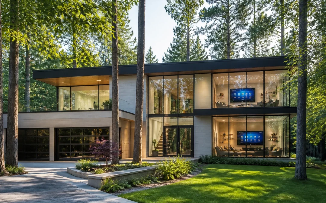 Modern architectural home in the lush, wooded landscape of Spring, Texas, representing the new era of tech-ready luxury.