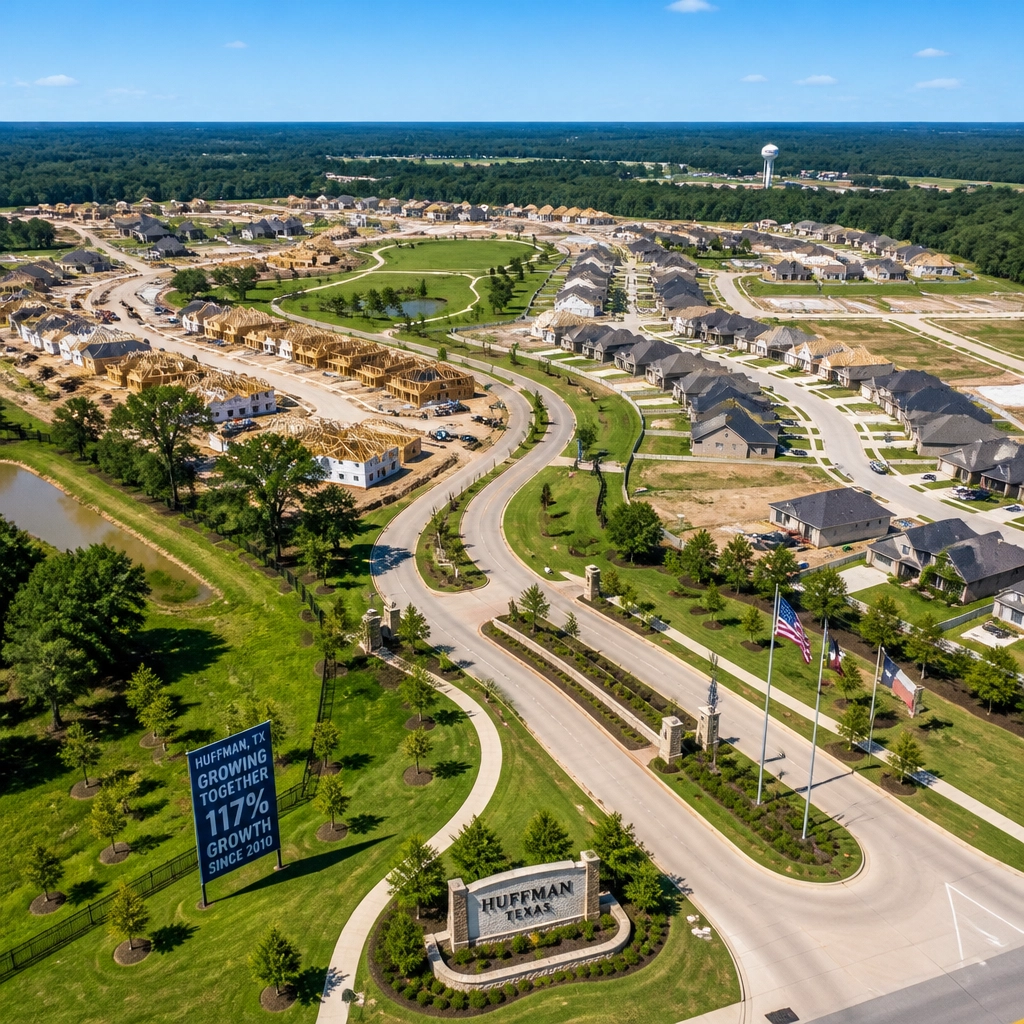 An aerial drone view of a new master-planned community in Huffman showing rapid growth and new construction.
