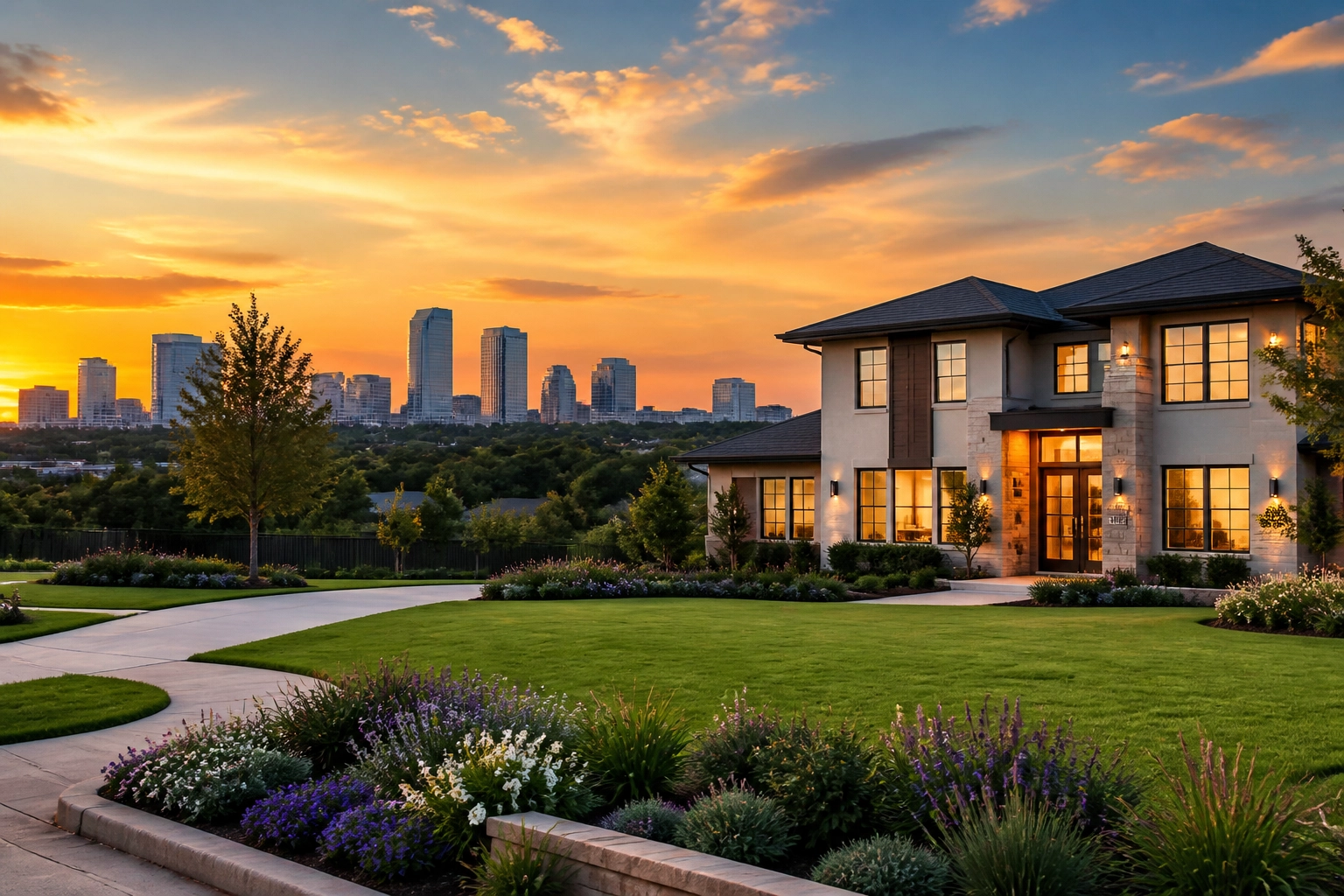 Modern Houston luxury home with Energy Corridor office buildings in the distance at sunset.