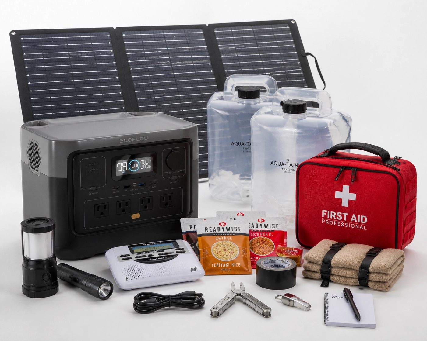 Modern hurricane emergency supply kit with portable power and solar panels for Houston storm readiness.