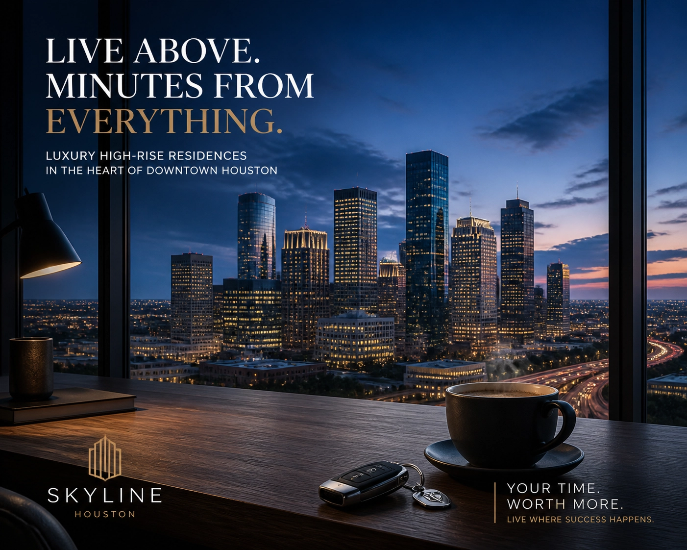 Downtown Houston skyline view from an Inner Loop apartment symbolizing a short commute.