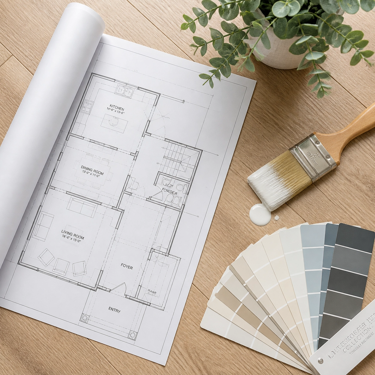 Architectural blueprints and a paintbrush representing the renovation potential of a Houston property.