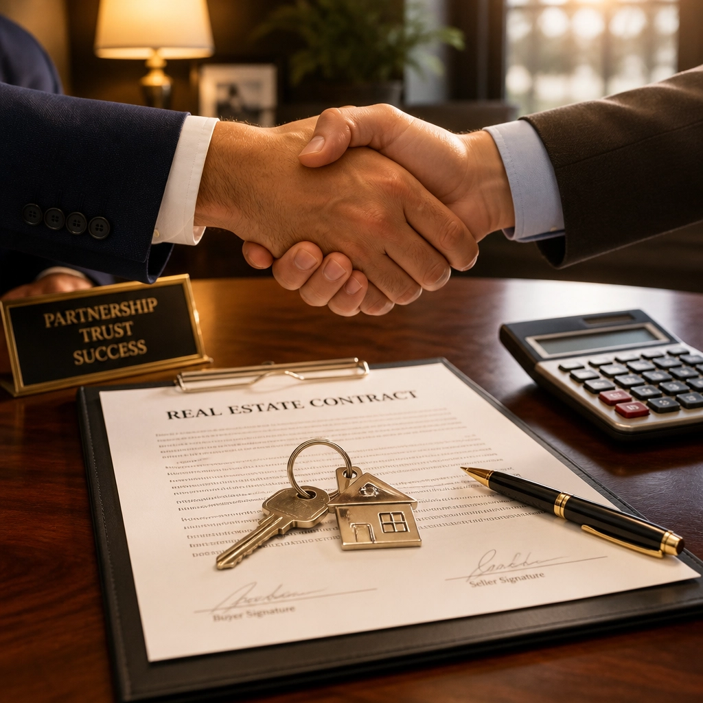 A successful real estate negotiation represented by a handshake over a contract and keys.