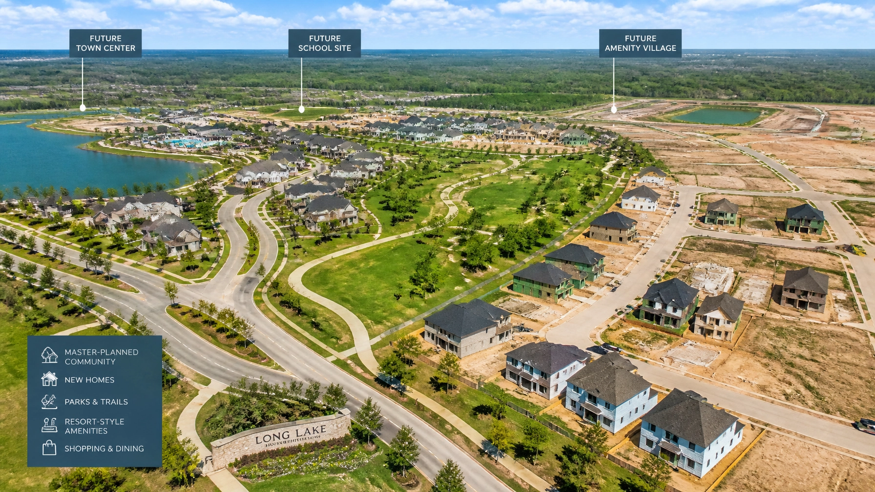 Drone shot of a master-planned community expansion in Northwest Houston, showcasing new roads and green spaces.