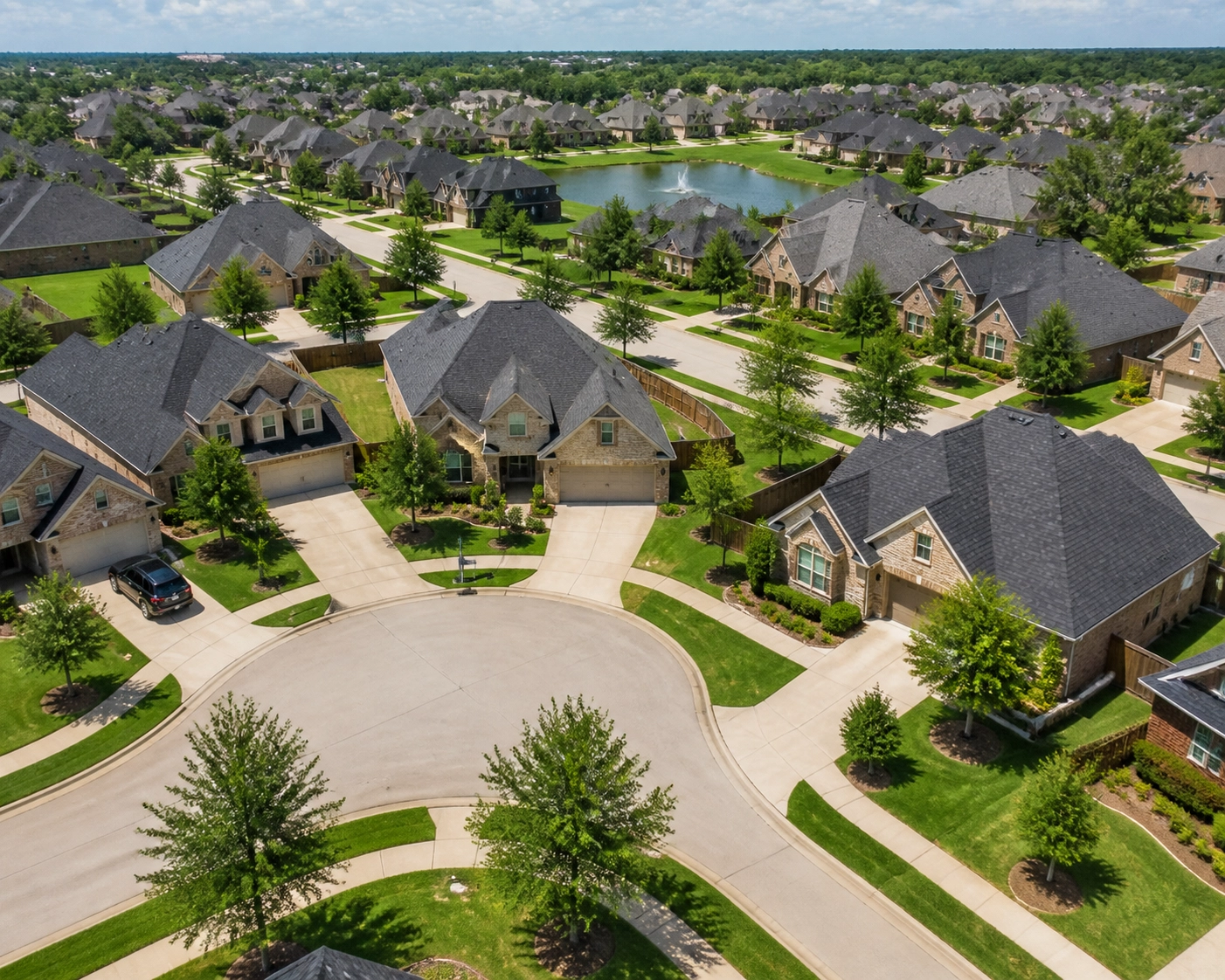 Aerial view of a Houston suburban neighborhood with affordable $330,000 median-priced homes.