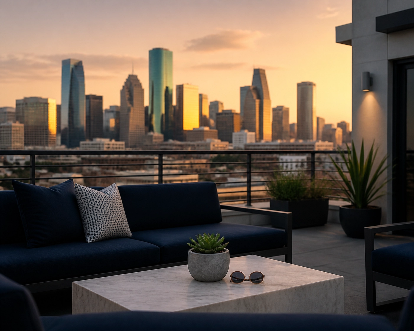 Private rooftop terrace of a Houston townhome with downtown skyline views at sunset.